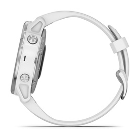 Garmin Fenix 6S smartwatch in silver with white silicone band, side profile view showing slim case and clasp detail