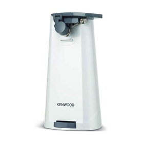 Kenwood Can Opener & Knife Sharpener in white and grey, compact tower design with cutting mechanism on top
