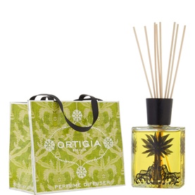Ortigia Lime di Sicilia Diffuser 200ml, amber-yellow liquid in glass bottle with black cap, reed sticks, and branded green gift bag