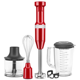 KitchenAid Corded Hand Blender With Accessories in red, shown with whisk, chopper bowl, and measuring jug attachments