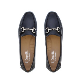 Carl Scarpa Beila Snaffel Loafers in blue leather, overhead view showing silver snaffle bar detail and tan leather lining