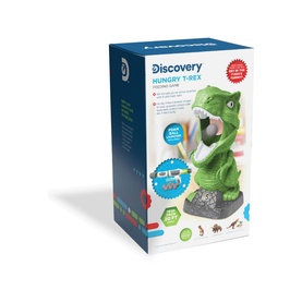 FAO Schwarz Discovery Hungry T-Rex game, green dinosaur figure on rocky base in illustrated box packaging