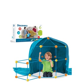 FAO Schwarz Construction Fort in teal and orange, child playing inside assembled fort structure, product box shown alongside
