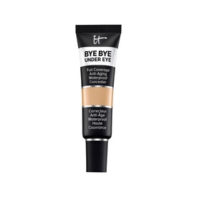 IT Cosmetics Bye Bye Under Eye Concealer in a medium-tan shade, full coverage anti-aging waterproof formula in squeeze tube