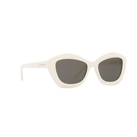 Saint Laurent YS000275 Cat Eye Sunglasses in white, chunky acetate frame with dark grey lenses, angled product view
