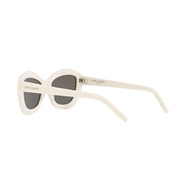 Saint Laurent YS000275 Cat Eye Sunglasses in white with grey lenses, angled back view showing temple arm detail
