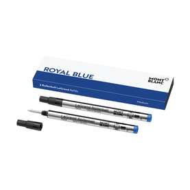 Montblanc Rollerball LeGrand Medium Refill in Royal Blue, two blue ink refills with cap and packaging box shown