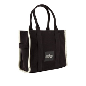 Marc Jacobs The Jacquard Large Tote Bag in black canvas with cream jacquard logo trim, dual top handles and boxy silhouette