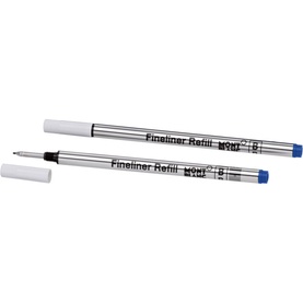 Montblanc Fineliner Refill in Royal Blue, two broad-size blue ink refills with white caps shown capped and uncapped