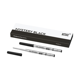 Montblanc Ballpoint Pen Refill Medium in Mystery Black, pack of two black ink refills shown beside open box packaging