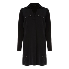 Phase Eight Neave Button Tunic in black with shirt collar, V-neck, long sleeves, and two chest pockets
