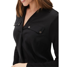 Model wearing Phase Eight Neave Button Tunic in black, showing V-neck, shirt collar, long sleeves and twin chest pockets with button detail