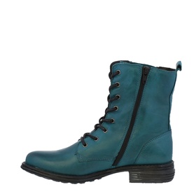 Carl Scarpa Paulette Lace Up Ankle Boots in blue leather, side zip, lace-up front, pull tab, and cleated black sole