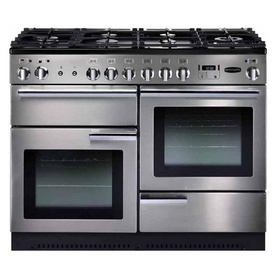 Rangemaster Professional+ 110 Dual Fuel Rangecooker in stainless steel with 6 gas burners, two oven cavities and chrome controls