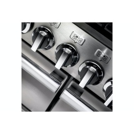 Rangemaster Professional+ 110 Dual Fuel Rangecooker close-up showing stainless steel control knobs and oven door handle detail