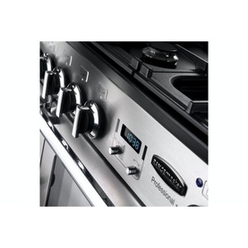 Rangemaster Professional+ 110 Dual Fuel Range Cooker in stainless steel, close-up of chrome control knobs and digital display