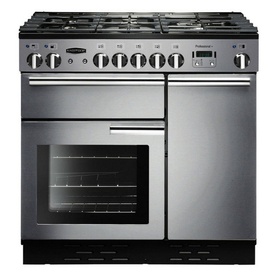 Rangemaster Professional+ 90 Dual Fuel Rangecooker in stainless steel with six burners, double oven cavity and chrome controls