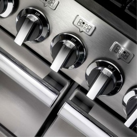 Rangemaster Professional+ 90 Dual Fuel Rangecooker stainless steel control knobs and digital display, close-up detail shot