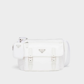 Prada Accessories Re-Nylon Shoulder Bag in white with silver hardware, triangle logo, buckle flap, removable pouch, and woven strap