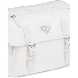 Prada Accessories Re-Nylon Shoulder Bag in white with silver-tone hardware, buckle straps, and enamelled triangle logo on flap