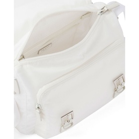Prada Accessories Re-Nylon Shoulder Bag in white, open interior view showing silver hardware, zip pockets and removable nylon zipper pouch