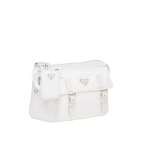 Prada Accessories Re-Nylon Shoulder Bag in white with silver hardware, triangle logo, front zip pockets, and removable mini pouch