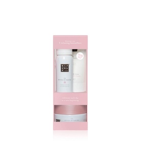 Rituals The Ritual of Sakura Trial Set, pink gift box containing body scrub, shower foam, and body cream