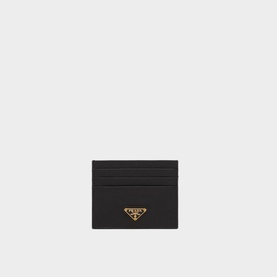 Prada Accessories Saffiano Leather Card Holder in black with gold-tone enamelled triangle logo, multiple card slots visible at top