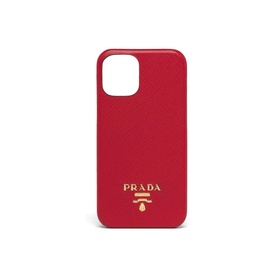 Prada Accessories Saffiano iPhone 12 Mini Case in red leather with gold metal lettering logo, slim profile