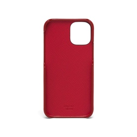 Prada Accessories Saffiano iPhone 12 Mini Case in red leather with metal lettering logo, rear view showing camera cutout