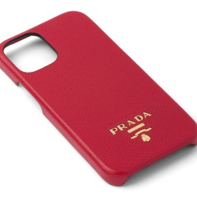 Prada Accessories Saffiano iPhone 12 Mini Case in red leather with gold metal lettering logo, textured finish