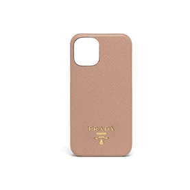 Prada Accessories Saffiano iPhone 12 Mini Case in pink leather with gold metal lettering logo, slim profile with camera cutout