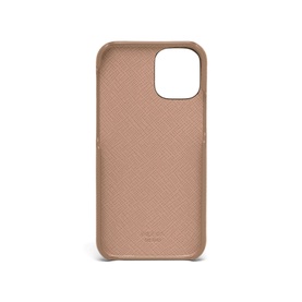 Prada Accessories Saffiano iPhone 12 Mini Case in pink leather with metal lettering logo, back view showing textured finish