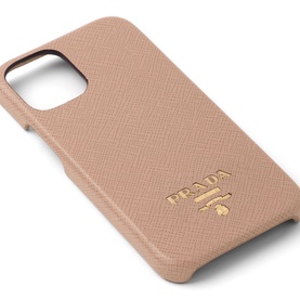 Prada Accessories Saffiano iPhone 12 Mini Case in pink leather with gold metal lettering logo, cross-hatch texture finish