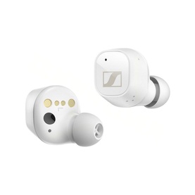 Sennheiser CX Plus True Wireless Earbuds in white, with gold control buttons and silicone ear tips, shown as a pair