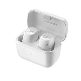 Sennheiser CX Plus True Wireless Earbuds in white, shown in open charging case with both earbuds seated inside