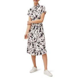 Model wearing Phase Eight Tilda Tie Waist Dress in cream abstract print, midi length, short sleeves, high neck collar, styled with white trainers
