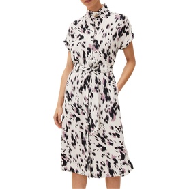 Model wearing Phase Eight Tilda Tie Waist Dress in cream with abstract black print, short sleeves, collar, and midi length with belt tie waist