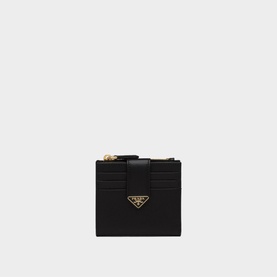 Prada Accessories Saffiano Leather Small Wallet in black, bi-fold style with gold-tone triangle logo, snap fastening and exterior card slots