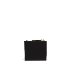 Prada Accessories Saffiano Leather Small Wallet in black, bi-fold style with gold-tone zip hardware and corner triangle logo detail