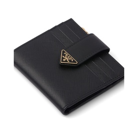 Prada Accessories Saffiano Leather Small Wallet in black, bi-fold style with gold-tone enamel triangle logo and snap fastening
