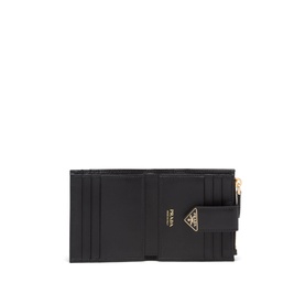 Prada Accessories Saffiano Leather Small Wallet in black, open bi-fold view showing card slots, zipped coin pocket and gold-tone triangle logo