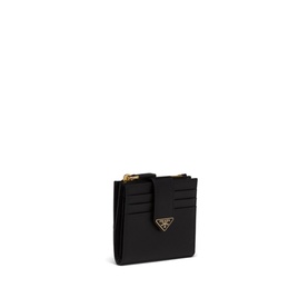 Prada Accessories Saffiano Leather Small Wallet in black, bi-fold with gold-tone hardware, enamel triangle logo and exterior card slots