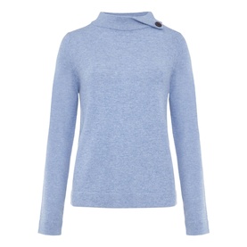 Hobbs Talia Round Neck Sweater in blue with buttoned high neckline and long sleeves, 90% merino wool and cashmere blend