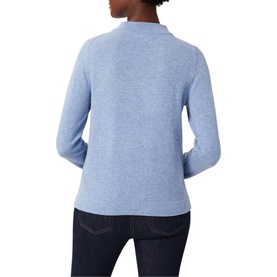 Model wearing Hobbs Talia Round Neck Sweater in blue, back view, round neck, long sleeves, paired with dark jeans