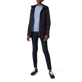 Model wearing Hobbs Talia Round Neck Sweater in blue, styled with a dark hooded coat, navy slim jeans and black trainers