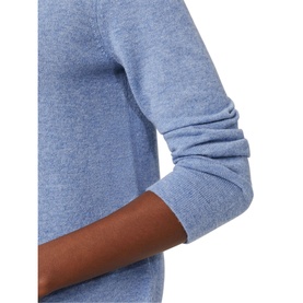 Model wearing Hobbs Talia Round Neck Sweater in blue marl, 90% merino wool and cashmere blend, close-up of sleeve and hem detail