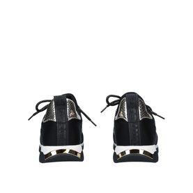 KG by Kurt Geiger Vegan Leo 2 Trainers in black, rear view showing lace fastening, gold snake-effect heel panel, and chunky white sole