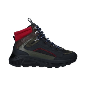 KG by Kurt Geiger Vegan Loaded Hiker Boot in multi, lace-up hiking style with red collar, dark mixed materials and thick black treaded sole
