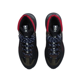 KG by Kurt Geiger Vegan Loaded Hiker Boot in multi, overhead view showing navy laces, red collar, black mixed-material upper and thick treaded sole